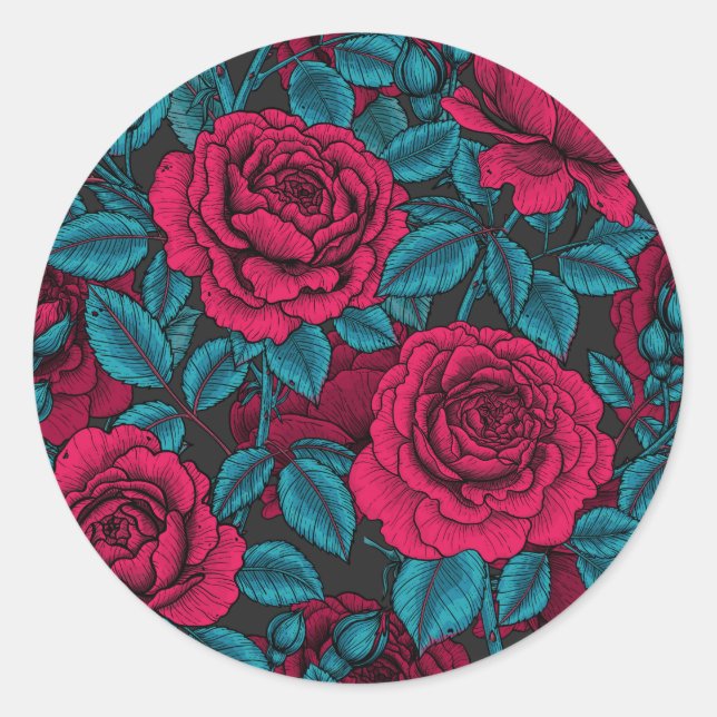 Sticker Rond Roses en rouge et bleu (Devant)