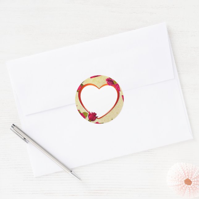 Sticker Rond Roses et cadre cardiaque Ajouter votre photo (Enveloppe)