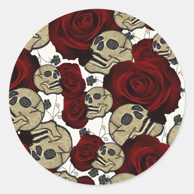 Sticker Rond Roses et crânes rouges Noir Floral Blanc gothique (Devant)