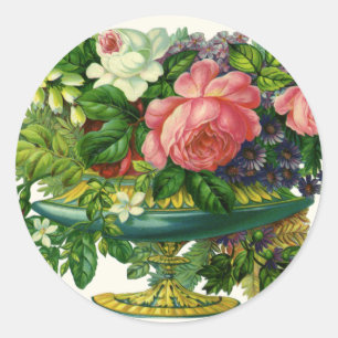 Sticker Rond Roses Fleurs Roses Vintage, Vase de Fleurs