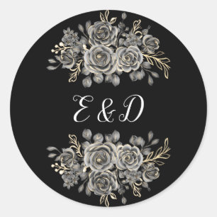 Sticker Rond Roses Florales Gothiques Monogramme Noir Et Blanc