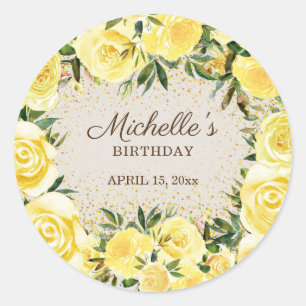 Sticker Rond Roses Florales Jaunes Paillettes Dorées Anniversai