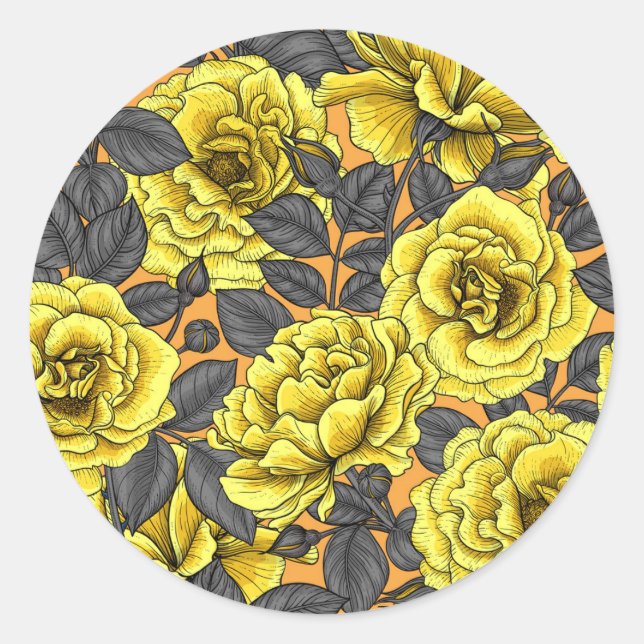 Sticker Rond Roses jaunes avec feuilles gris sur orange (Devant)