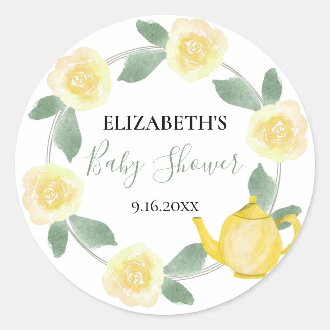 Sticker Rond Roses jaunes et Baby shower de théière (Devant)