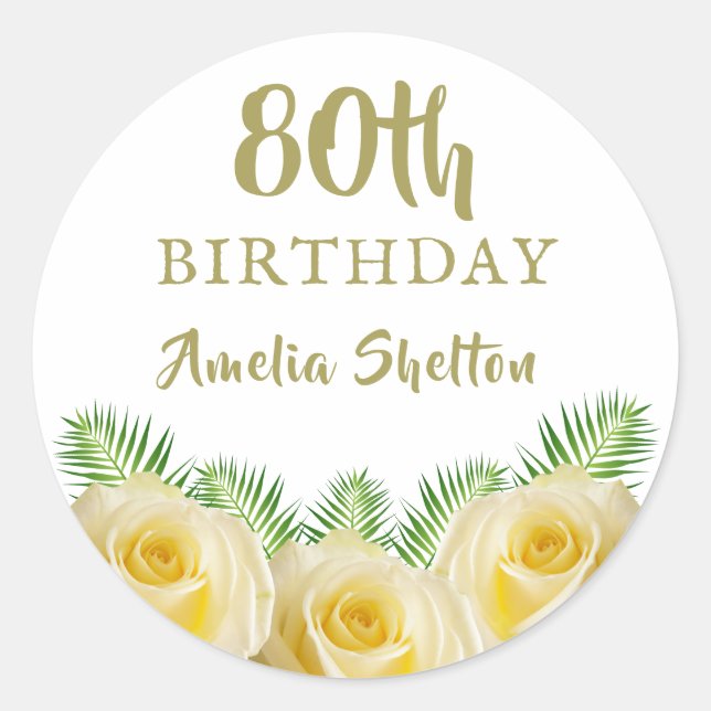 Sticker Rond Roses jaunes et fleurs Feuilles 80e anniversaire (Devant)
