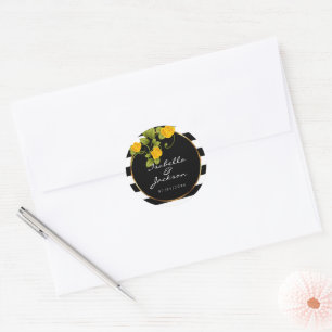 Sticker Rond Roses jaunes sur bandes noires et blanches