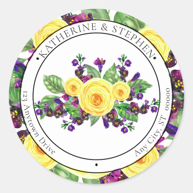 Sticker Rond Roses jaunes | Violets Boho Floral Adresse de reto (Devant)