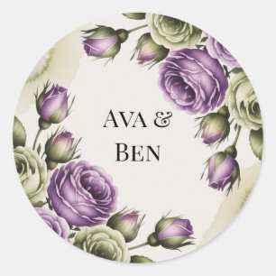 Sticker Rond Roses Mauves et Vert Sauge Aquarelle Mariage