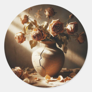 Sticker Rond Roses morts Dans le vase style vintage encore vie 