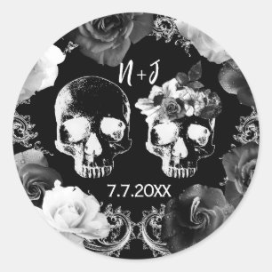 Sticker Rond Roses Noires et Blanches Crâne de squelette Mariag