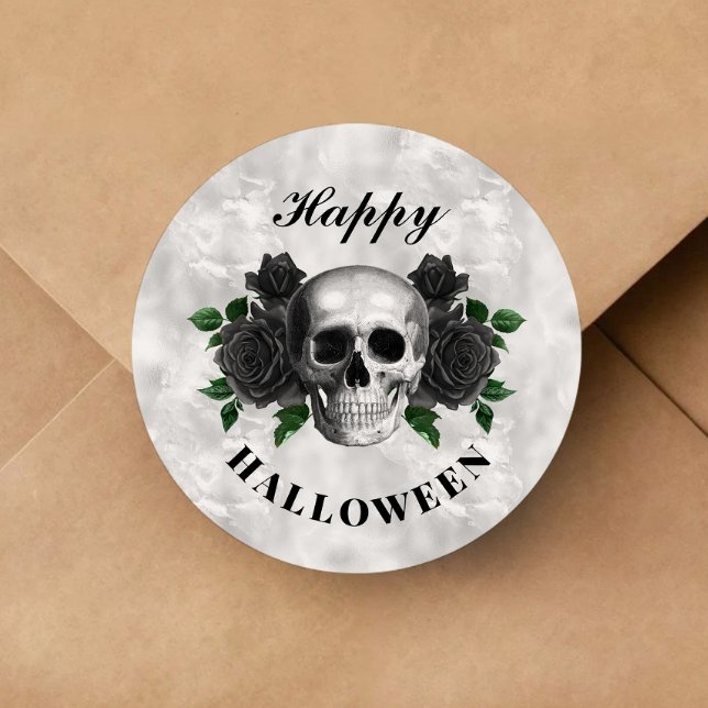 Sticker Rond Roses Noirs Gothiques Et Halloween Crâne (Gothic Black Roses And Skull Halloween Classic Round Sticker)