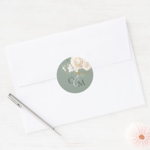 Sticker Rond Roses Or Jardinières & Fleurs Vert Sauge Mariage