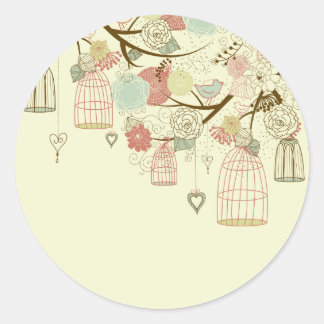 Sticker Rond Roses romantiques, oiseaux, oiseaux, cages d'oisea