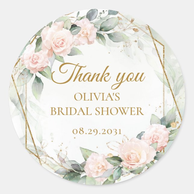 Sticker Rond Roses rose pâle bohème, feuillage et cadre doré (Devant)