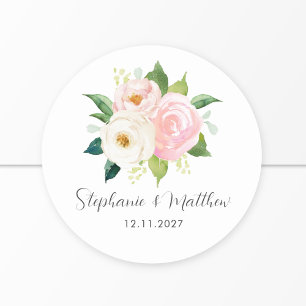Sticker Rond Roses rose pâle Mariage botanique floral