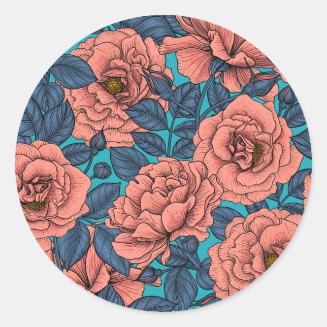 Sticker Rond Roses roses avec feuilles bleus sur bleu (Devant)