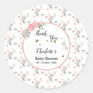Sticker Rond Roses roses élégantes avec Baby shower de papillon