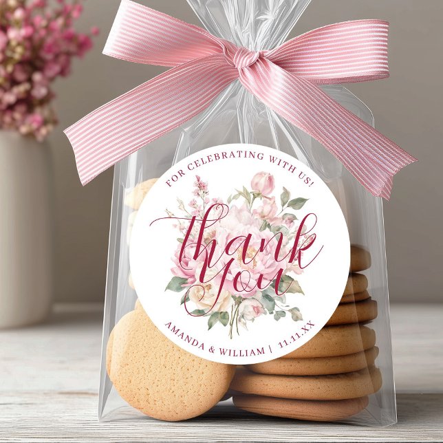 Sticker Rond Roses roses roses modernes et élégantes Fleurs Mer (Modern Classy Pink Roses Flowers Thank You Favor Classic Round Sticker)