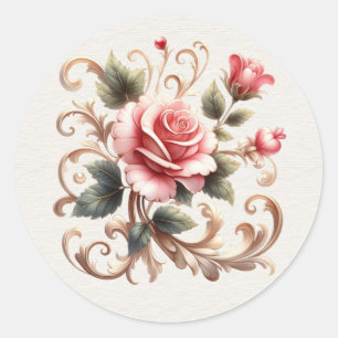 Sticker Rond Roses roses roses or Filigree Valentine