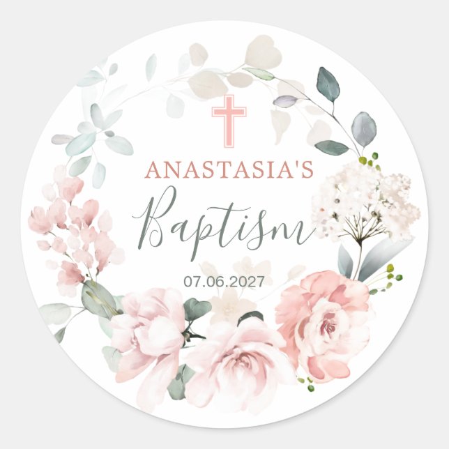 Sticker Rond Roses roses roses Verdure Feuillage Baptême (Devant)