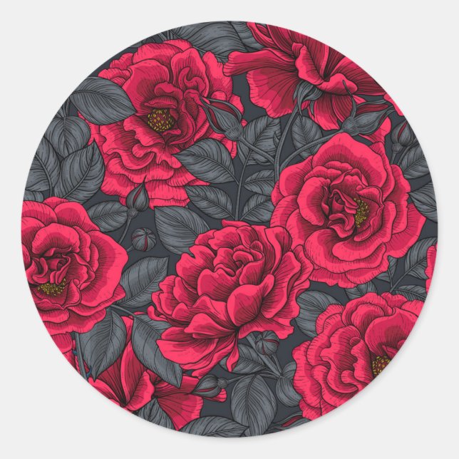 Sticker Rond Roses rouges avec feuilles gris sur noir (Devant)