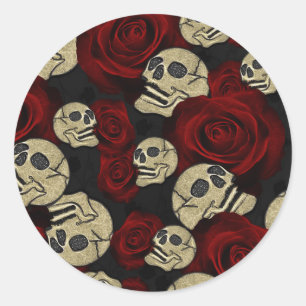 Sticker Rond Roses Rouges & Crânes Floral Gothique Gris Noir