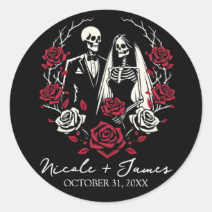 Sticker Rond Roses rouges et noires, blanc, squelette couple ma