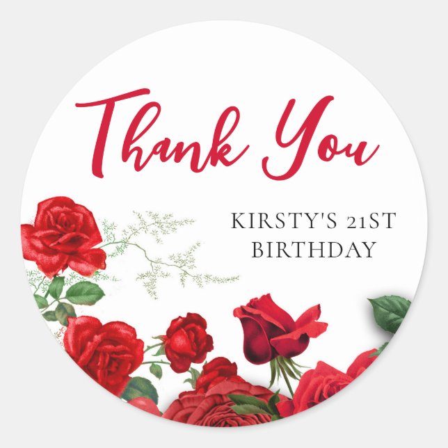 Sticker Rond Roses rouges romantiques sur le Merci d'anniversai (Devant)