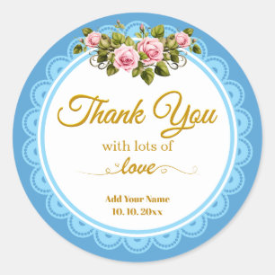 Sticker Rond Roses Shabby Chic Roses Roses et Bleu Merci