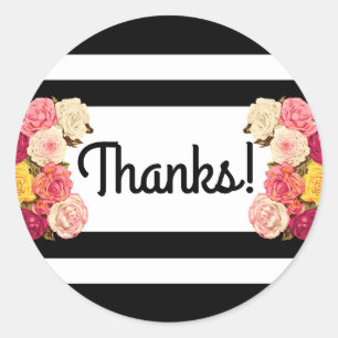 Sticker Rond Roses sur le Merci moderne de bandes noir et blanc
