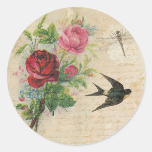 Sticker Rond Roses vintages Élégant Flore Oiseau Dragonfly Chic