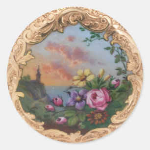 Sticker Rond ROSES vintages ET FLEURS AVEC PAYSAGE