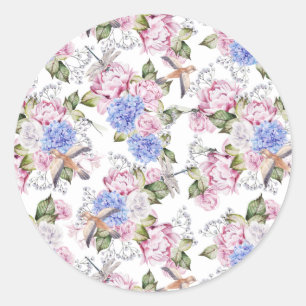 Sticker Rond Roses vintages et fleurs d'Hydrangea Nature