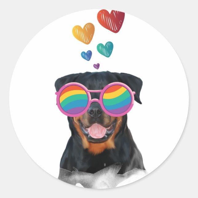 Sticker Rond Rottweiler Chien avec Coeurs Saint-Valentin (Devant)