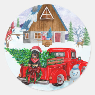 Sticker Rond Rottweiler Chien en livraison Noël Camion Neige