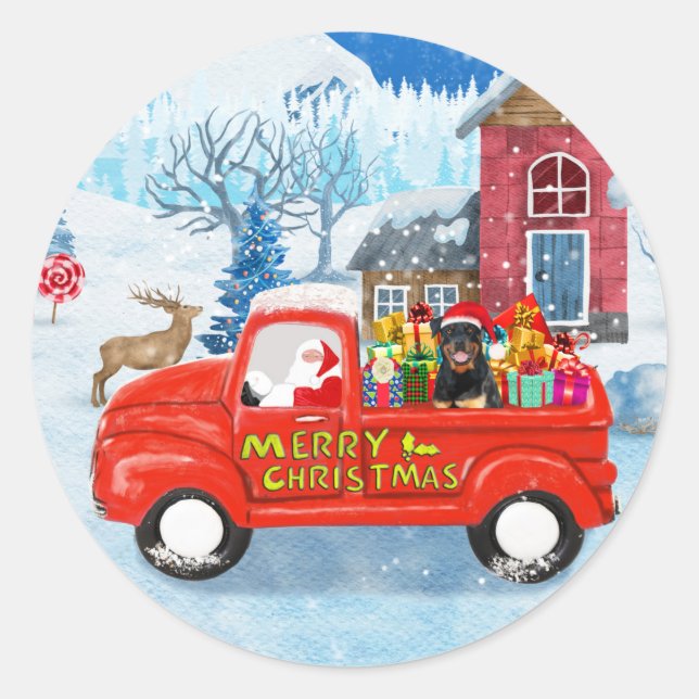 Sticker Rond Rottweiler Chien Livraison de Noël Camion Neige (Devant)