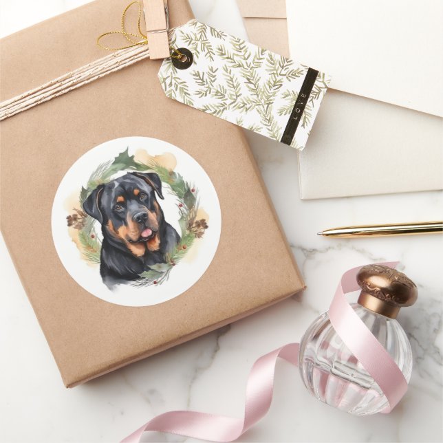Sticker Rond Rottweiler Christmas Wreath Festive Pup (Cadeaux)