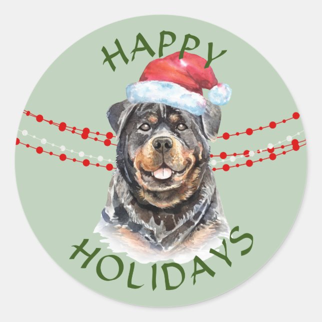 Sticker Rond Rottweiler Santa Hat Joyeux jours fériés (Devant)