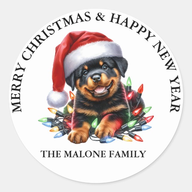 Sticker Rond Rottweiler Un Noël Très Joyeux, Écorce (Devant)