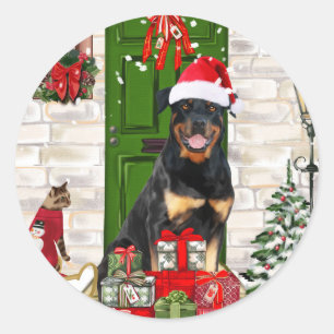 Sticker Rond Rotweiler Chien Noël
