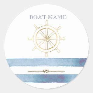 Sticker Rond Roue nautique en or, Bleu Aquarelle