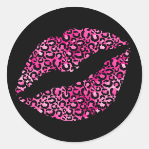 Sticker Rond Rouge à lèvres Taches de Léopard Rose Chaud et Noi