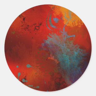 Sticker Rond Rouge, Aqua & Gold Grunge Digital Art Abstrait