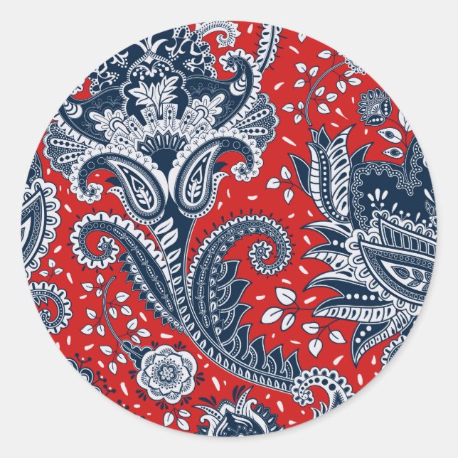 Sticker Rond Rouge Blanc & Bleu Floral Paisley Bohème Boho (Devant)