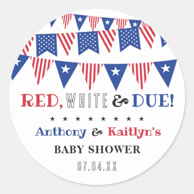 Sticker Rond Rouge, Blanc & Due ! baby shower 4 juillet (Devant)