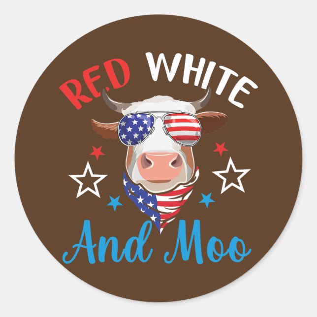 Sticker Rond Rouge Blanc Et Moo 4 juillet Vache USA Farmer Drap (Devant)