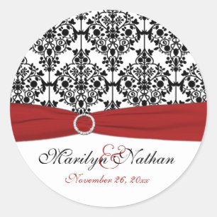 Sticker rond rouge, blanc et noir Damask 1,5 pouce