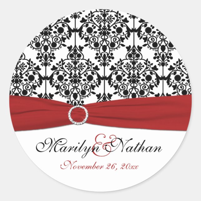 Sticker rond rouge, blanc et noir Damask 1,5 pouce (Devant)