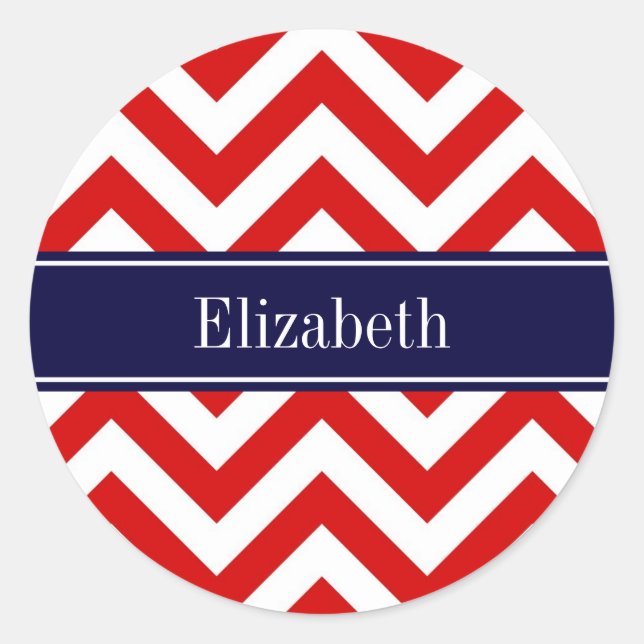 Sticker Rond Rouge Blanc LG Chevron Marine Nom bleu Monogramme (Devant)