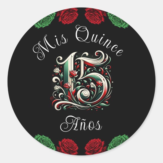 Sticker Rond Rouge Blanc Vert Mis Quince Anos 15 Quinceañera (Devant)